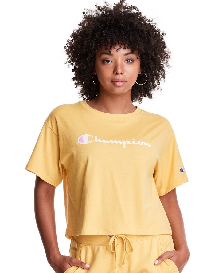 Champion Cropped Script Logo - Naisten Keltainen T-Paita - Suomi 1058792-YS